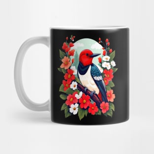 Cute Red Headed Woodpecker Surrounded by Vibrant Flowers Mug